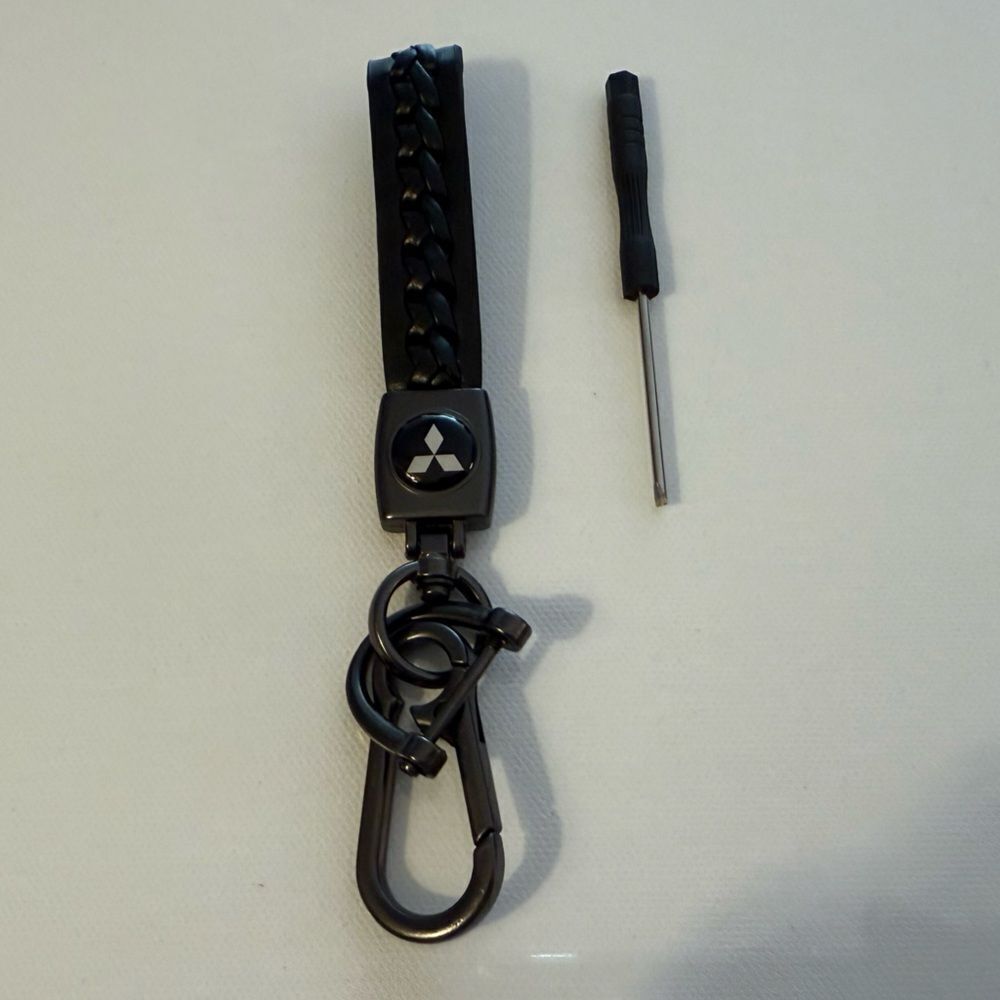 Mitsubishi Key Fob Keychain in Black Leather with Logo NWT